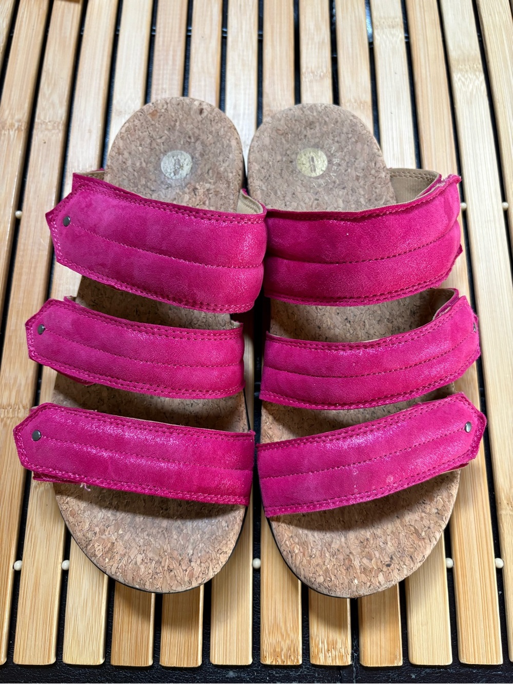 Revitalign Pink Triple Velcro Adjustable Strap Cork Slide Sandals
